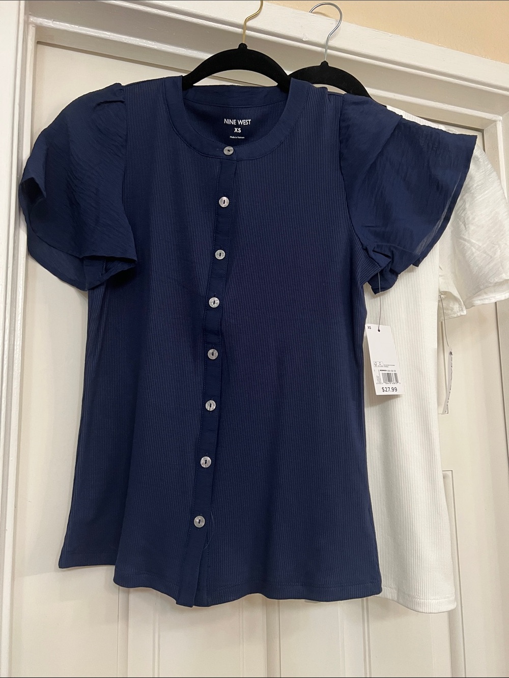 Nine West Navy Button-Front Puff Sleeve Top